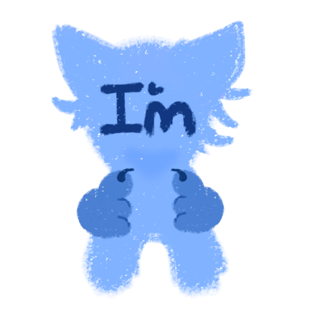 The image depicts a blue, cartoon-like creature with the word 'I'm' on its face. It has a simple, childlike crayon design with rounded edges and is point at itself with two paws.